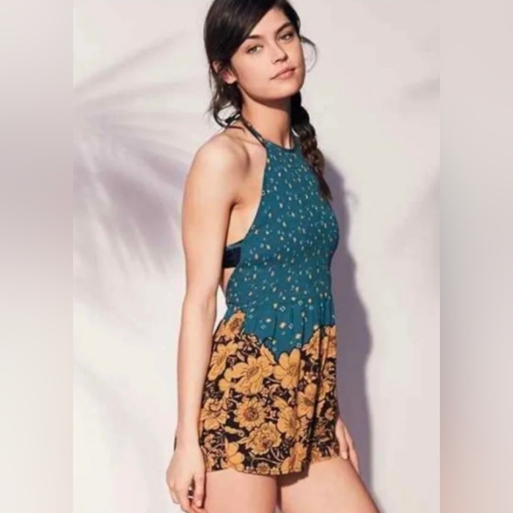 UO Out From Under Teal and Yellow Floral Halter Backless Romper | Medium